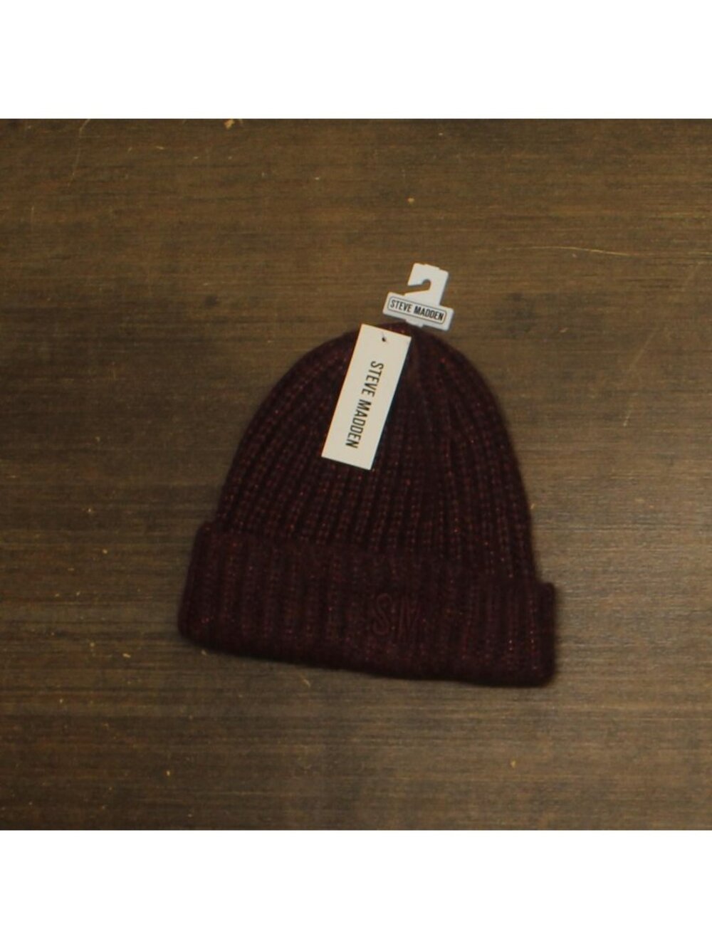 NWT Steve Madden Womens Marled Knit Beanie Cuffed Shimmer Chunky Logo Merlot Red